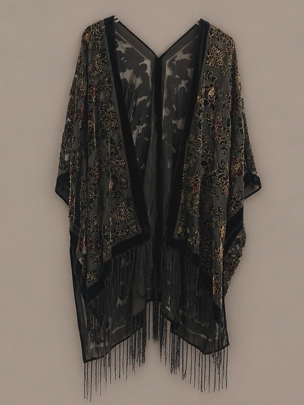 Vintage Sheer Floral Poncho with Fringe | Gold Trim | Dramatic Layering Piece